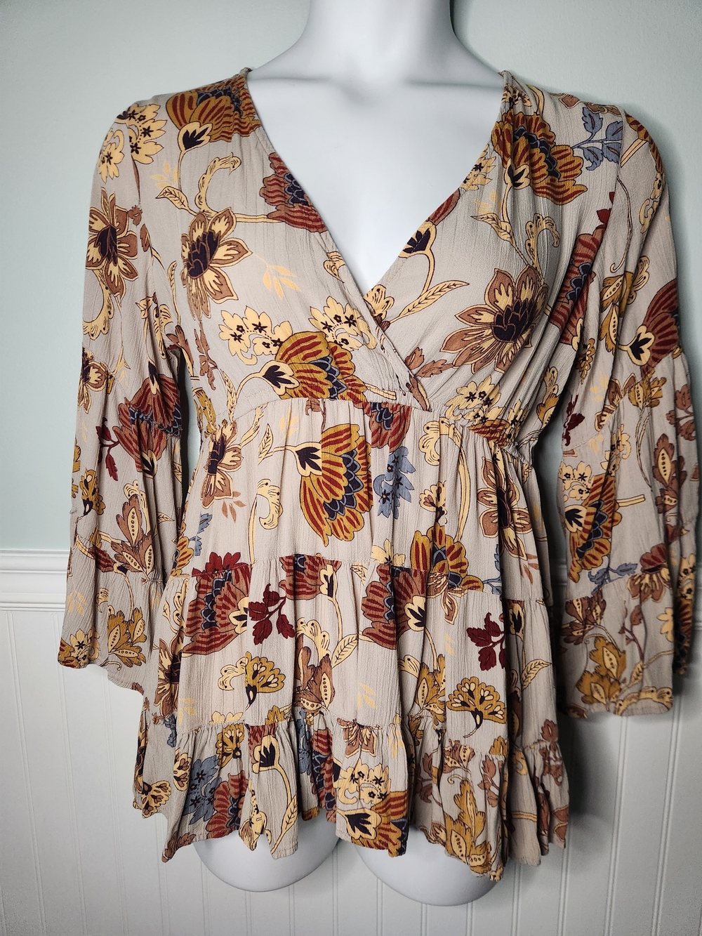 Floral Boho Blouse By Angie Women's Size M Bell Bottom Sleeves